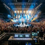 Artista de sucesso no palco com iluminação profissional destacando a importância do planejamento de eventos.