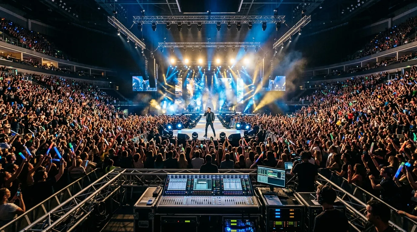 Artista de sucesso no palco com iluminação profissional destacando a importância do planejamento de eventos.