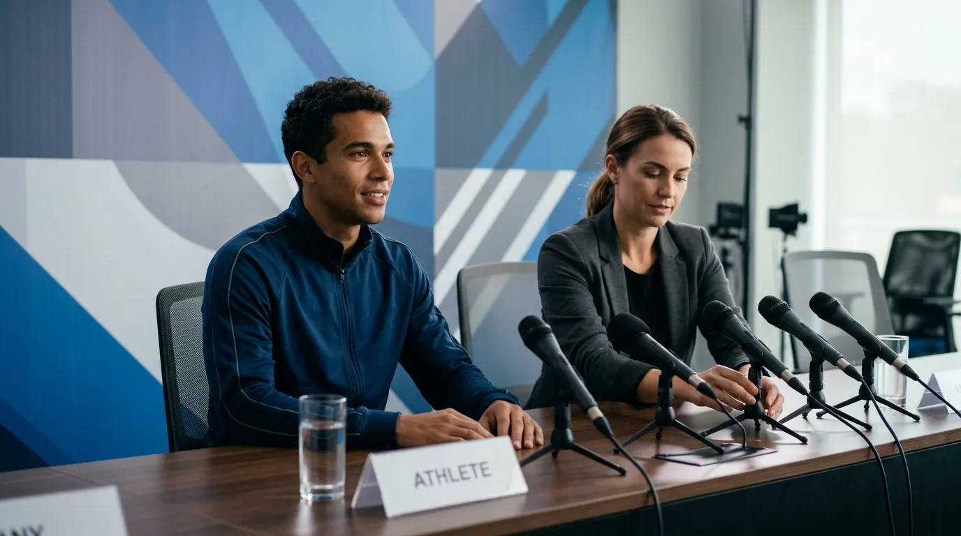 Atleta ao lado de assessor de imprensa em coletiva com microfones