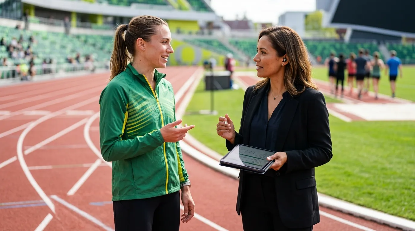 Atleta treina entrevista com assessor de imprensa na pista