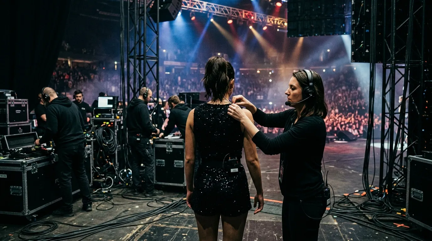 Preparativos nos bastidores evidenciando a execução do planejamento de eventos na música.