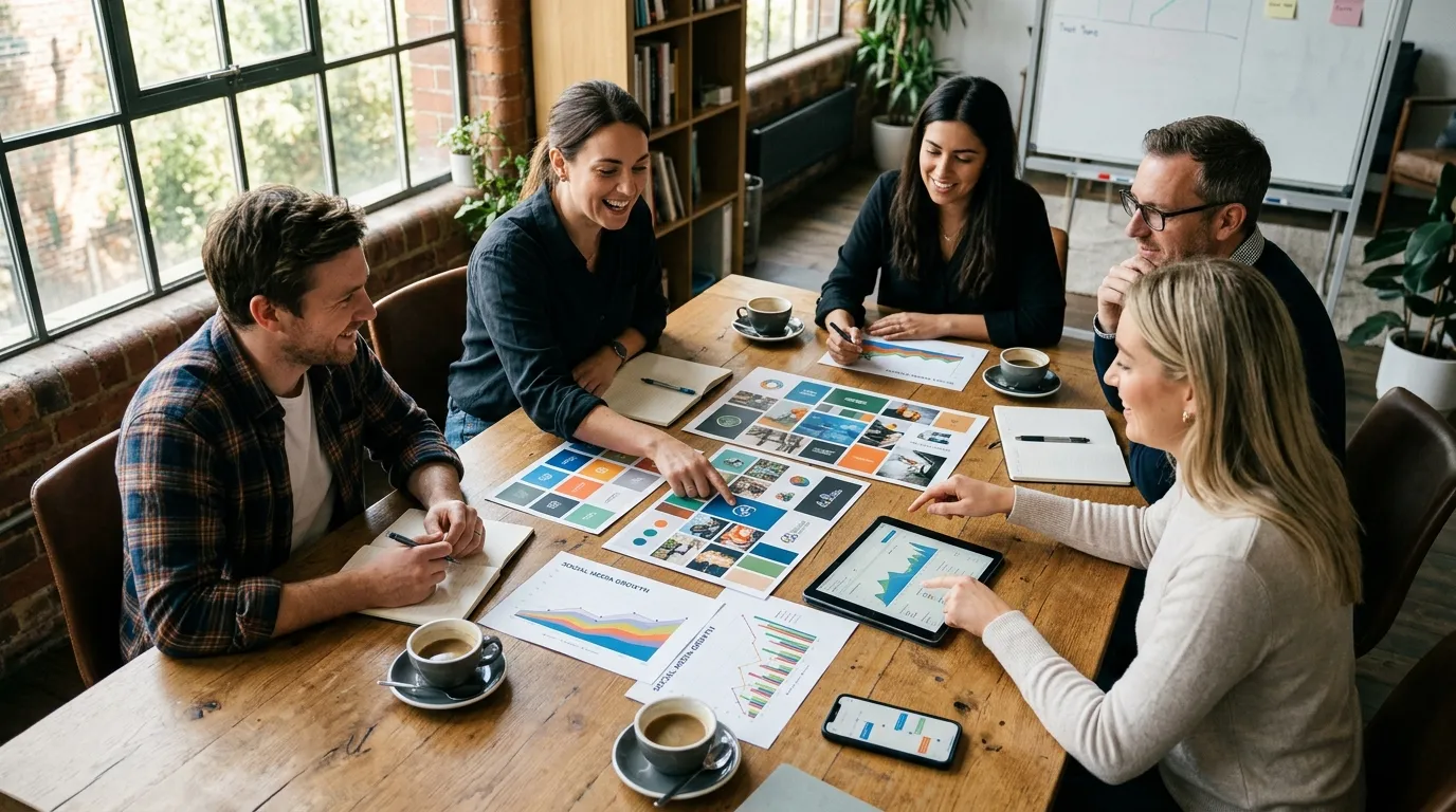 Reunião de planejamento com consultoria de marketing analisando gráficos de crescimento digital.