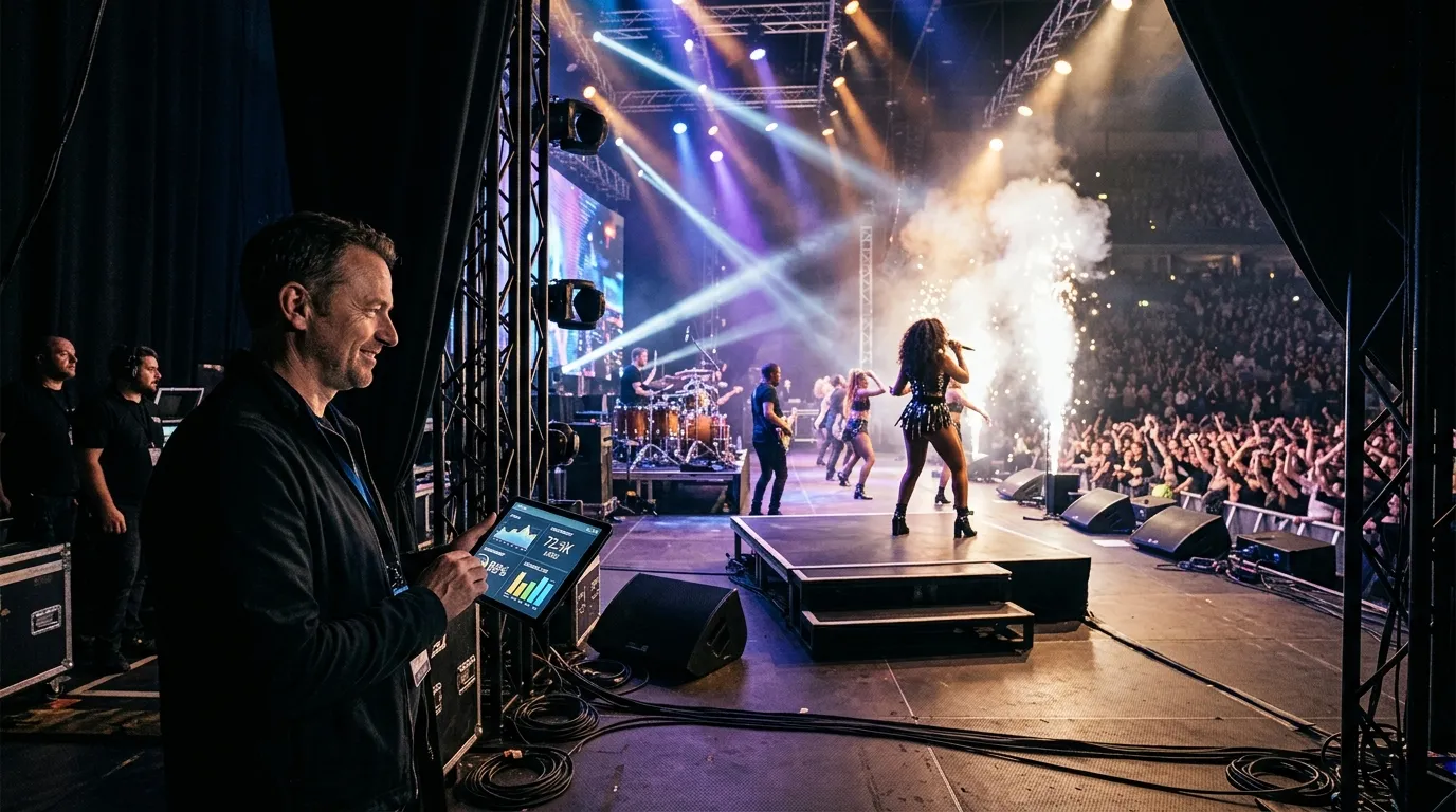 Show ao vivo monitorado por consultoria de marketing analisando dados de engajamento.